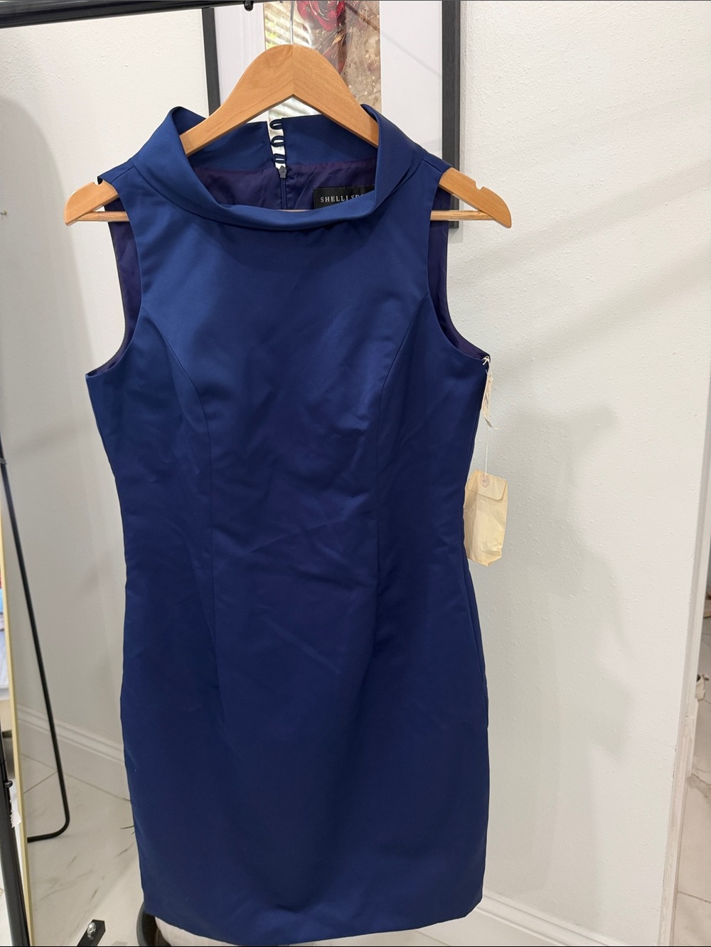 Sleeveless Navy Sheath Dress with Mock Neckline